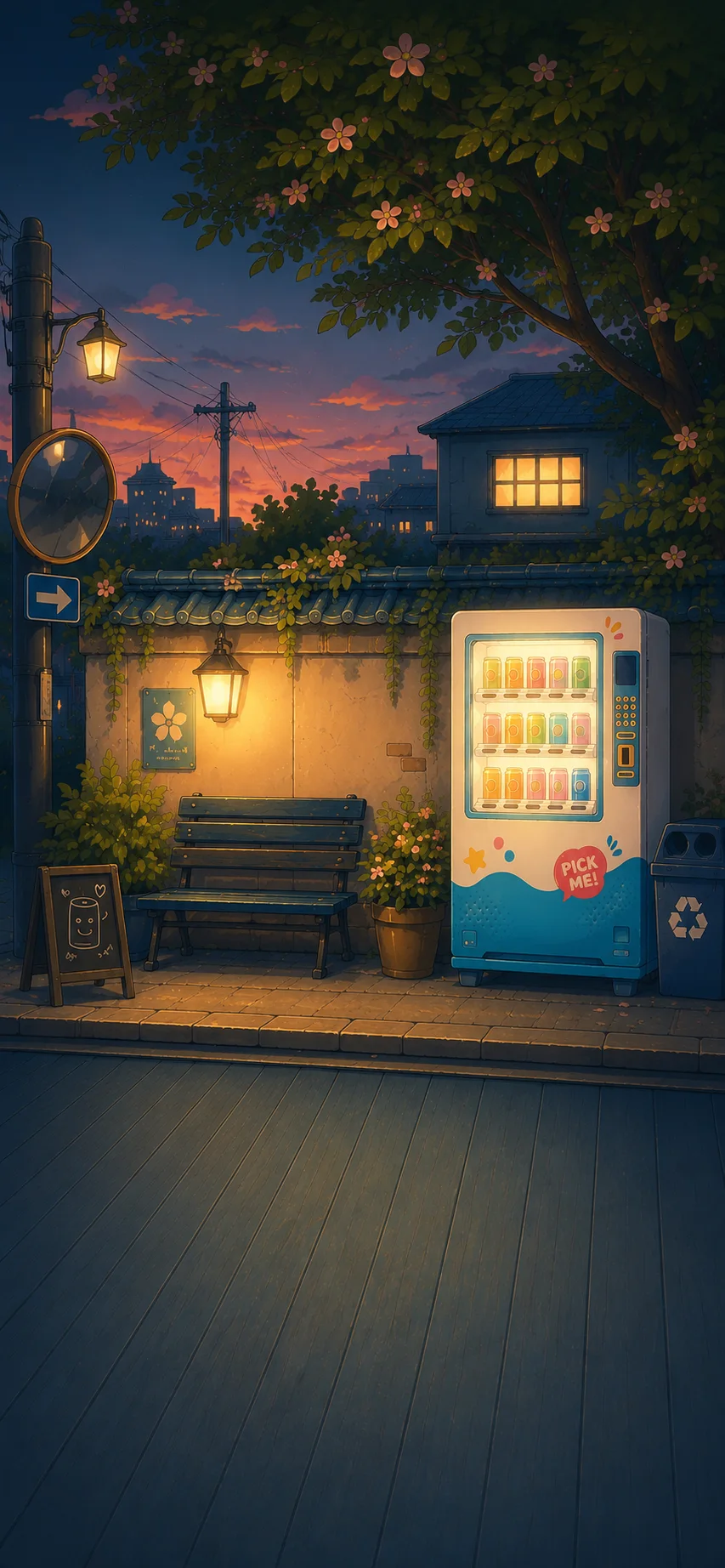 A peaceful Japanese alley with a glowing vending machine and evening sky